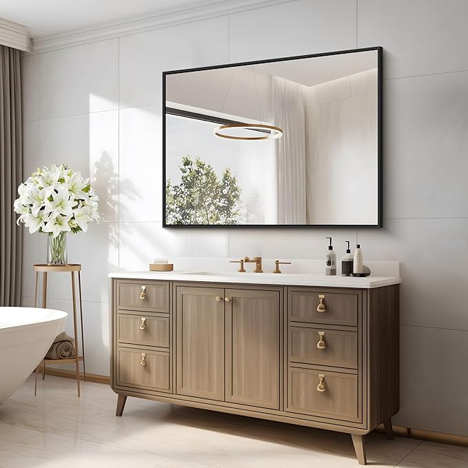 Black Bathroom Mirror for Wall, 30x36 Inch Rectangle With Metal Frame, Modern Vanity for Bathroom Living Room, Entryway Hangs Horizontal or Vertical-Ruum Studio Home