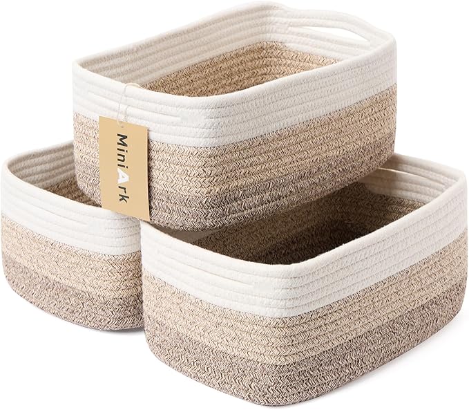 Small Storage Baskets for Organizing | Closet Organizer Bins | Shelf Toy Basket | Woven Rope Baskets | Cube Decorative Box | Shallow Basket | 13x8.5x5.1” | 3 Packs Gradient Brown-Ruum Studio Home