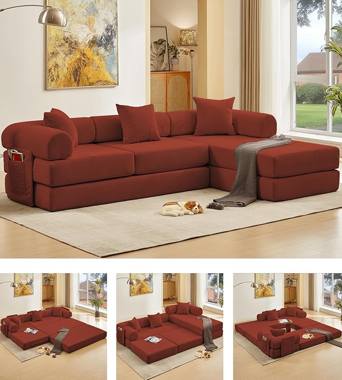107" Oversized Convertible Sleeper Sofa Bed, Corduroy L Shape Sectional Couch, Folding Sofa Bed with Side Pocket, Modern Cloud Floor Mattress Couch, Modular Sofa for Living Room, Red-Ruum Studio Home