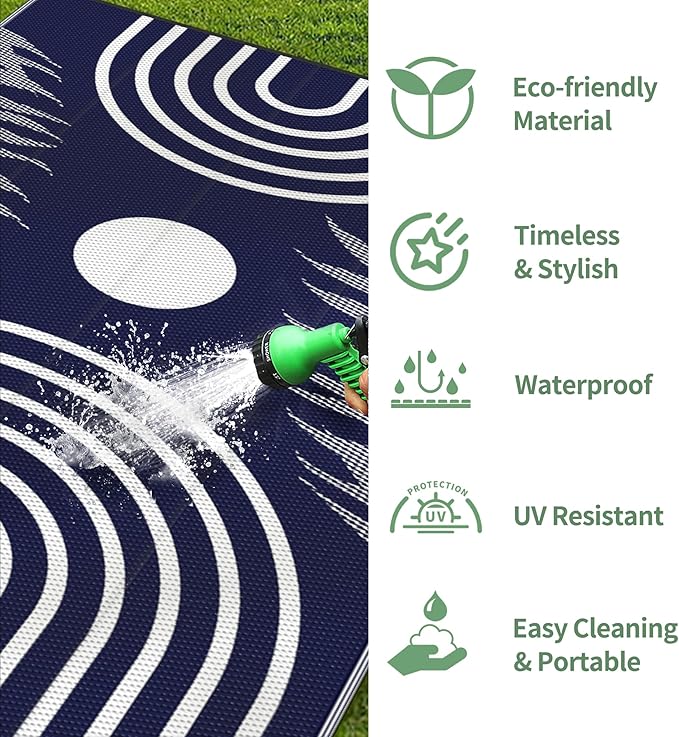 GENIMO Outdoor Rug 6' x 9' Waterproof for Patio Clearance, Reversible Lightweight Plastic Straw Camping Carpet, Large Area Rugs Mats for Rv, Backyard, Deck, Porch, Picnic, Balcony, Mix-Blue & White-Ruum Studio Home