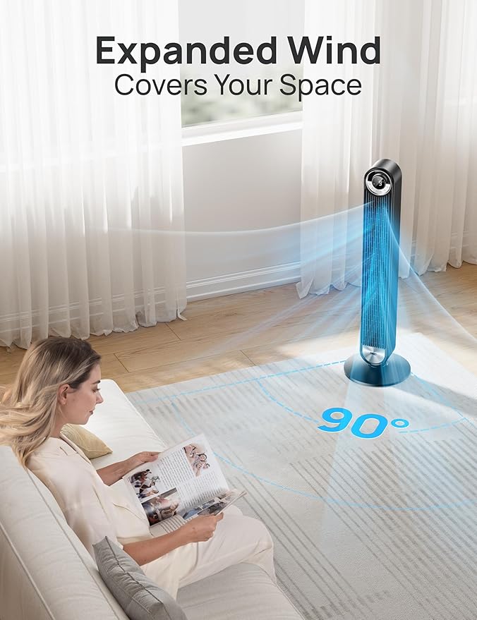 Dreo Tower Fan for Bedroom, 90° Oscillating Standing Floor Fan with 28ft/s Velocity, 25dB Quiet for Sleep, DC Motor, 9 Speeds, 4 Modes, 12H Timer, Voice & APP & Remote Control, 42" Cruiser Pro T2 S-Ruum Studio Home