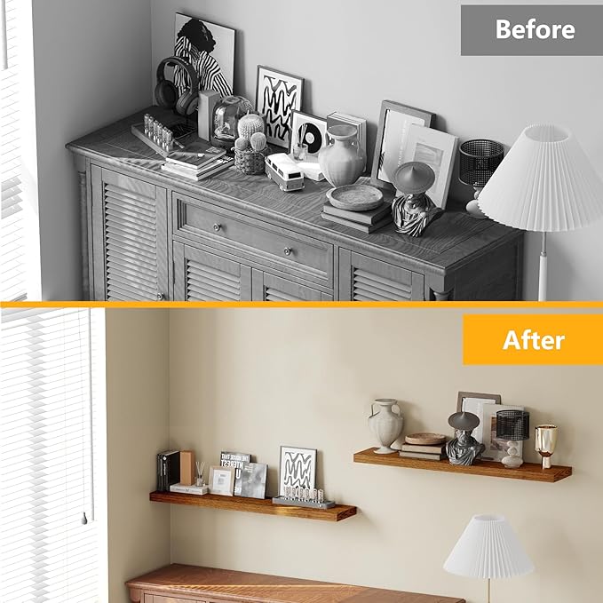 BAMEOS Floating Shelves, American Oak Wall Mounted Wooden Shelves with Invisible Brackets Set of 2, Hanging Wall Shelves Decoration for Bedroom, Bathroom, Living Room and Kitchen-Ruum Studio Home