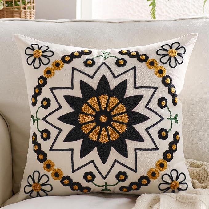 Embroidered Throw Pillow Cover 18x18 Classic Boho Floral Pattern Pillows Cover Outdoor Decorative Pillowcase,Durable Cozy Textured Cushion Case for Sofa Couch Bed Living Room,Black Orange-Ruum Studio Home