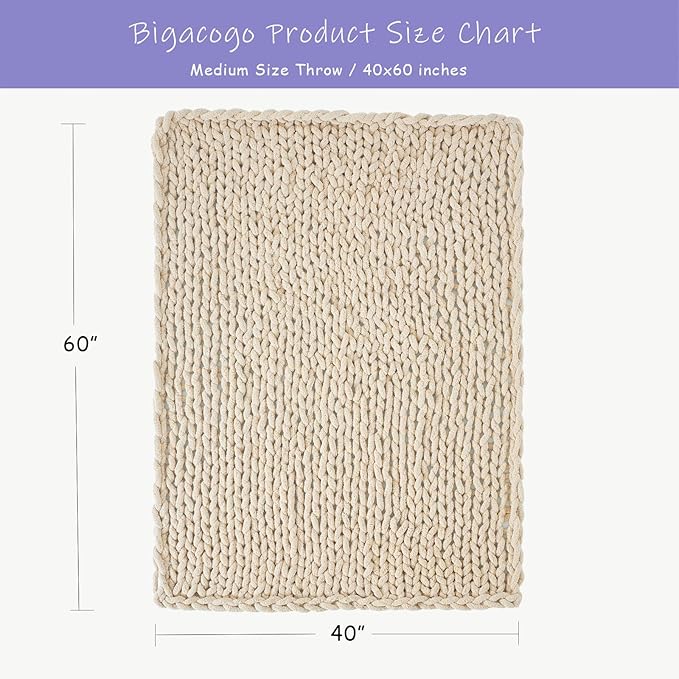 Bigacogo Chunky Knit Throw Blanket for Couch, 40x60 inches, 100% Hand Knitted with Thick Jumbo Chenille Yarn, Cozy Soft Large Rope Knot Cable Crochet Blankets for Sofa Bed Living Room, Beige-Ruum Studio Home