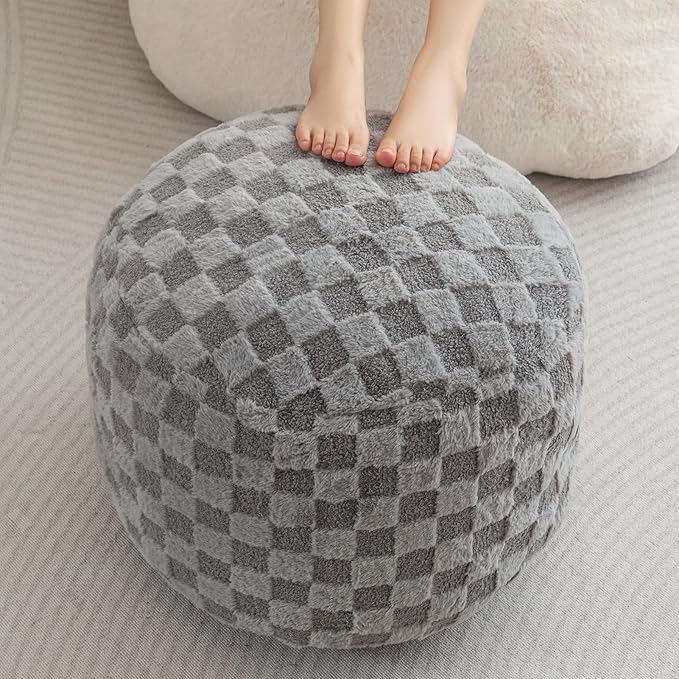 HIGOGOGO Round Stuffed Pouf Ottoman, Plaid Poufs with Foam Chunk Filling, Fluffy and Furry Pouf Foot Stool Storage Ottoman, 20 X 15 Floor Poufs Foot Rest for Living Room, Grey-Ruum Studio Home