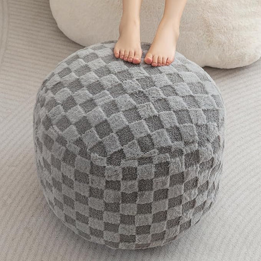 HIGOGOGO Round Stuffed Pouf Ottoman, Plaid Poufs with Foam Chunk Filling, Fluffy and Furry Pouf Foot Stool Storage Ottoman, 20 X 15 Floor Poufs Foot Rest for Living Room, Grey-Ruum Studio Home