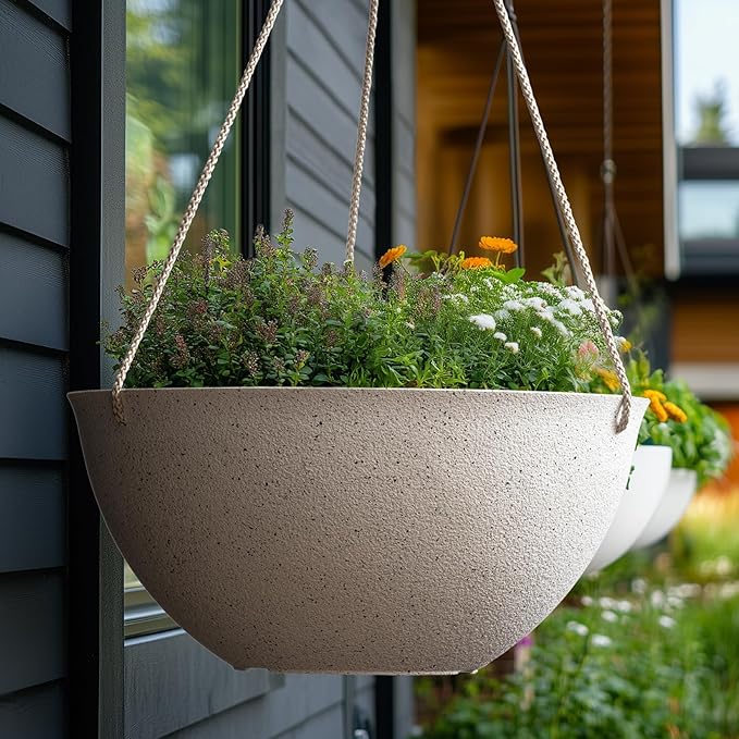 LA JOLIE MUSE Large Hanging Planters for Outdoor Plants - 13 Inch Hanging Flower Pots Set of 2, Speckled White-Ruum Studio Home