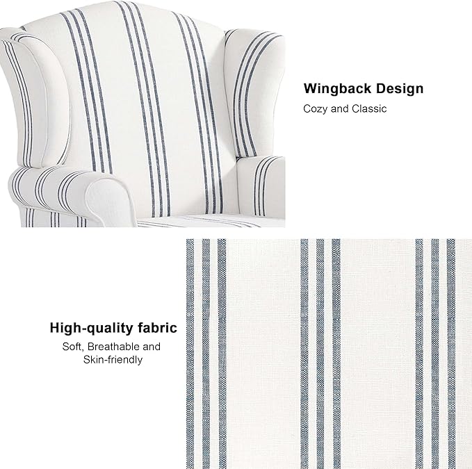 Accent Chair, High Back Upholstered Armchair with High Resilience Sponge & Wood Legs, Mid-Century Modern Comfy Single Sofa Reading Chairs for Living Room, Bedroom (Stripe Navy, Set of 1)-Ruum Studio Home