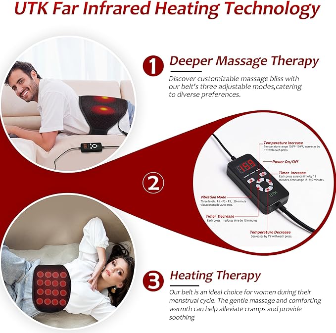 UTK Vibrating Far Infrared Heating Pad for Back Pain Relief, Hot to 159℉, Lower Back Massager Gift for Women Men, FSA-HSA Eligible, 3 Vibration, 16 Timers Auto-Off, 20 Jades, 35-55" Adjustable Size-Ruum Studio Home