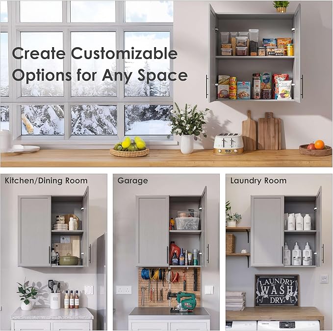 FIMELLO 59" Laundry Room Cabinets Wall Mounted, Kitchen Wall Cabinet with Adjustable Shelf, Wall Cabinets with Doors for Laundry Room, Upper Cabinets for Bathroom, Gray-Ruum Studio Home