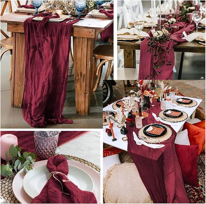 Burgundy 6 Pack Cheesecloth Table Runner 10FT Rustic Gauze Cheese Cloth Table Runner for Wedding Bridal Baby Shower Table Decor 20 x 120 Inch Long Boho Fabric Sheer Birthday Party Table Decorations-Ruum Studio Home