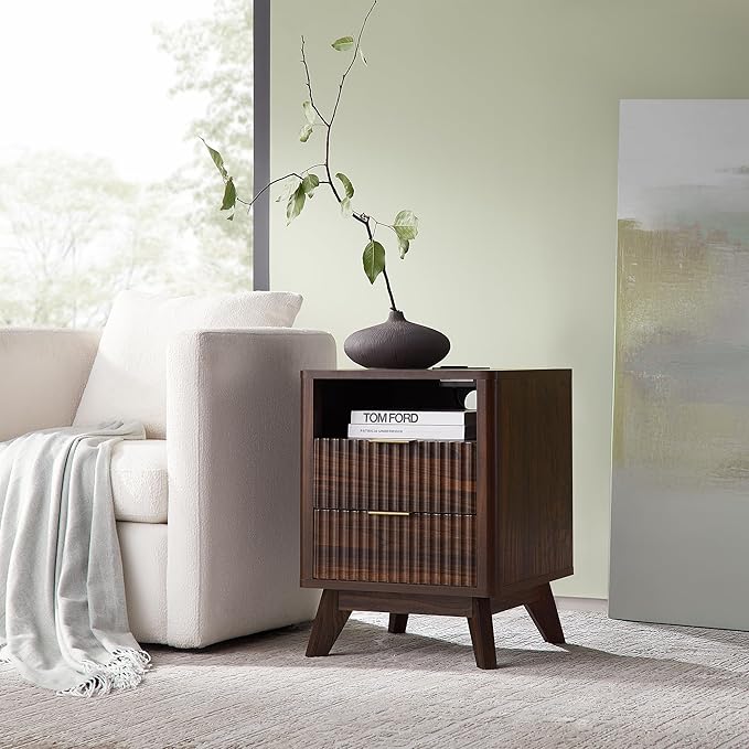 T4TREAM Fluted Nightstand Set of 2 with Charging Station, 18" Modern Side Table, 2 Drawers End Table with Storage, Bedside for Bedroom, Living Room, Curved Profile Design, Dark Walnut-Ruum Studio Home