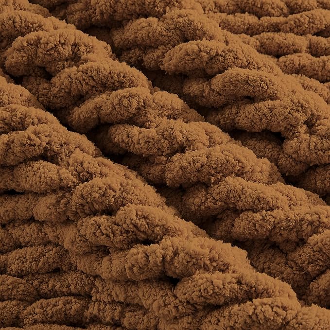 Carriediosa Chunky Knit Throw Blanket 60" X 80" Twin, 100% Hand Made Large Chenille Loop Yarn Soft Fluffy Throws for Couch Sofa Bed, Big Crochet Cozy Heavy Thick Cable Woven Blanket, Light Brown-Ruum Studio Home