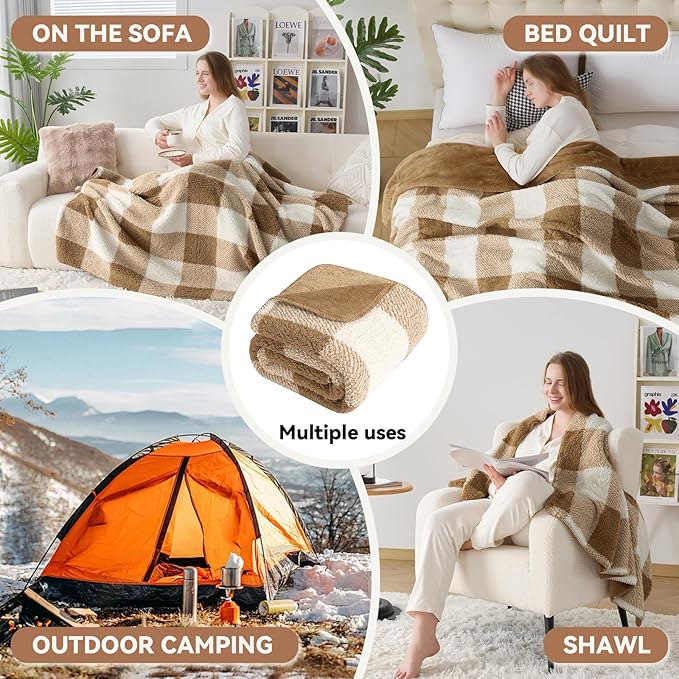 LURKA Checkered Sherpa Fleece Throw Blanket - Extra Thick and Warm Winter Soft Fuzzy Plush Blanket for Couches, Beds & Pets, Brown, 50x60 Inches-Ruum Studio Home