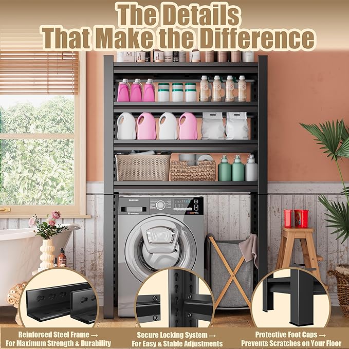 Laundry Room Storage Organizer, Over The Washer and Dryer Storage Shelves for Laundry Organization, 35" W x 14" D x 63" H, Suit Washing Machine Width Within 32.6", Hold 500 lb, Black-Ruum Studio Home