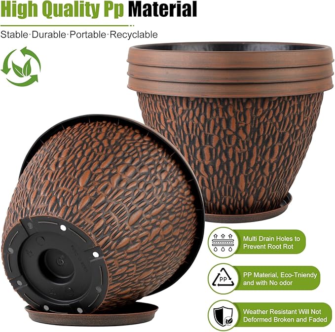 4 Pack Plant Pots Outdoor Indoor, 8 Inch Small Flower Pots with Drainage Hole & Tray, Thickened Plastic Outdoor Planters for Garden House Decor - Pebbles Pattern Design-Ruum Studio Home