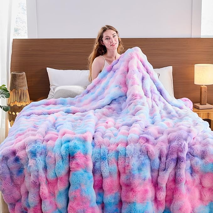 Lotus Karen Faux Fur Throw Blanket Tie-Dye Purple Rainbow - Big Bubble Rabbit Fluff Blanket for Couch, Small Fluffy Fuzzy Cozy Blanket,Thick Furry Plush Shaggy Blankets,60x80 Inches-Ruum Studio Home