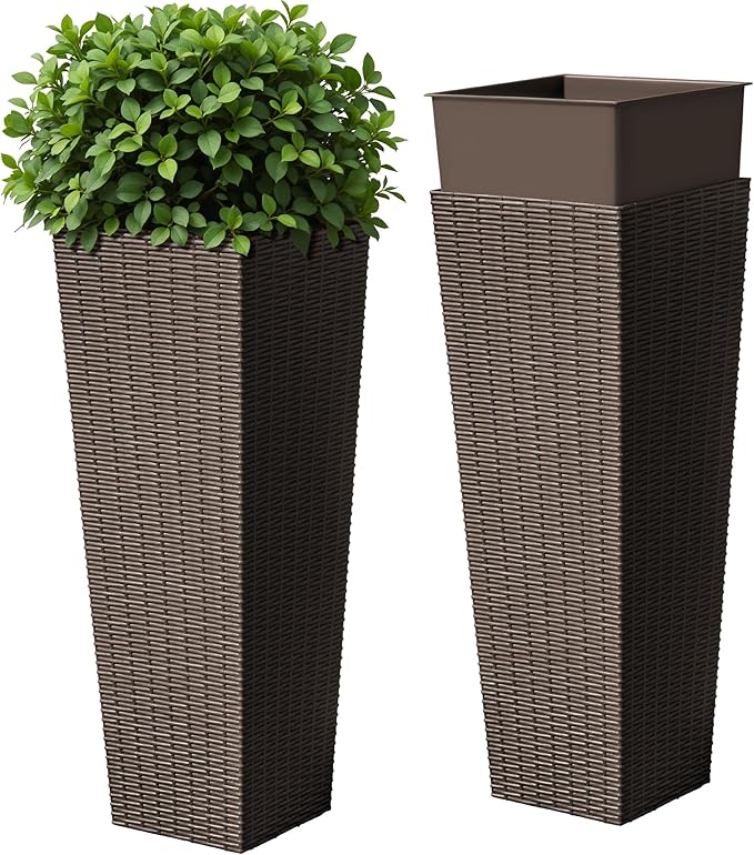 Devoko Resin Tall Planters for Outdoor Plants Set of 2, Large Taper Outdoor Planter Pots with 4 Drainage Holes, Flower Pots Modern Decor for Porch, Patio, Backyard, Home Garden (Brown, 32")-Ruum Studio Home