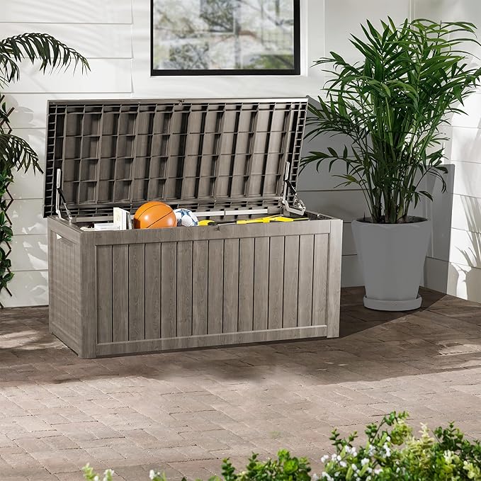 200 Gallon Lockable Resin Deck Box, Waterproof & UV-Resistant Outdoor Storage Box for Outdoor Cushion Storage, Garden Tools & Pool Accessories Storage, Gray-Ruum Studio Home