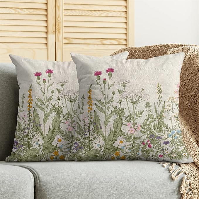 Spring Floral Pillow Covers 18 x 18 Inch Set of 2 Vintage Sage Green Wild Flowers Decor Throw Pillows Wildflower Plant Outdoor Farmhouse Decorative Cushion Cases for Couch Bed Sofa Decoration-Ruum Studio Home