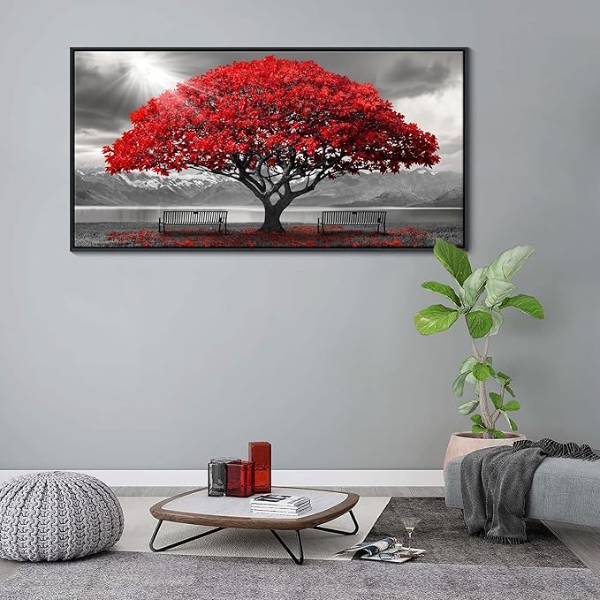 AJAZIKO Red Wall Art - Modern Framed Wall Art for Living Room - Red Tree Black and White Landscape Canvas Prints Posters & Prints for Home Office Bedroom Decorations - Large Wall Pictures 29×58IN-Ruum Studio Home