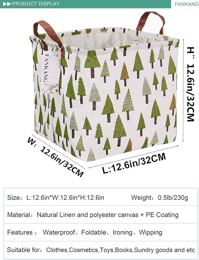 FANKANG Square Nursery Hamper Storage Bins Canvas Laundry Basket Foldable with Waterproof PE Coating Large Storage Baskets Gift Baskets for Children Office Bedroom ClothesToys (SquareGreen forest)-Ruum Studio Home