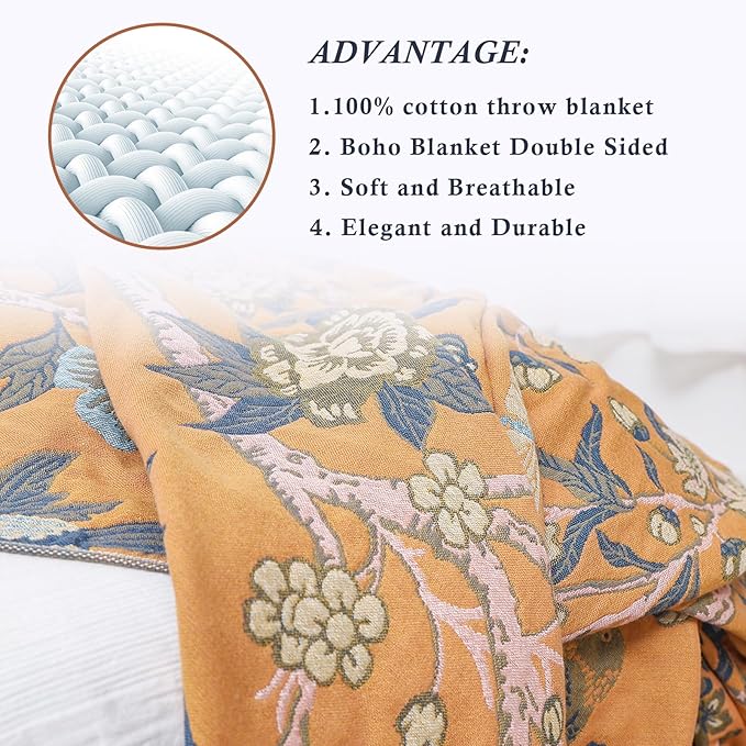 Snycler Boho Throw Blanket for Bed - 100% Cotton Ultra Soft Rustic Quilt Blanket Orange Bird Floral Printed Farmhouse Decor Bed Blankets, 60"×80" All Season Rustic Throw for Sofa Couch Chair-Ruum Studio Home