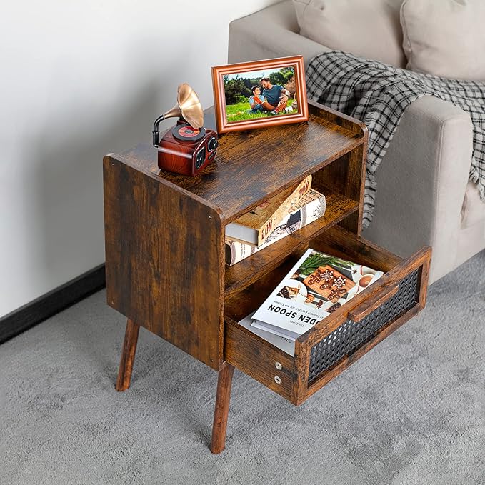 Lerliuo Rattan Nightstand, Boho Side Table with Drawer Open Shelf, Cane Accent Bedside End Table with Solid Wood Legs for Bedroom, Dorm and Small Spaces (Brown)-Ruum Studio Home