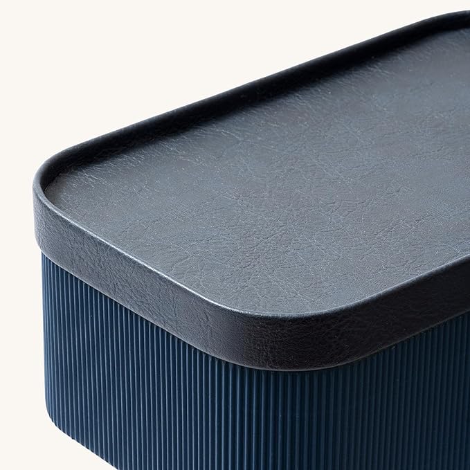 La Jolie Maison Fluted Cardboard Storage Baskets with Vegan Leather Lids, Sturdy Stackable Paper Boxes Decorative Tray, Basket Organizer Bins for Bathroom Bedroom Organizing, Navy Blue, Set of 3-Ruum Studio Home
