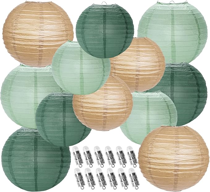 Paper Lanterns Decorative, Sage Green Forest Tan Hanging Round Chinese Lanterns with Lights for Rustic Party Sage Green Birthday Party 12 LED Light Pack of 12-Ruum Studio Home
