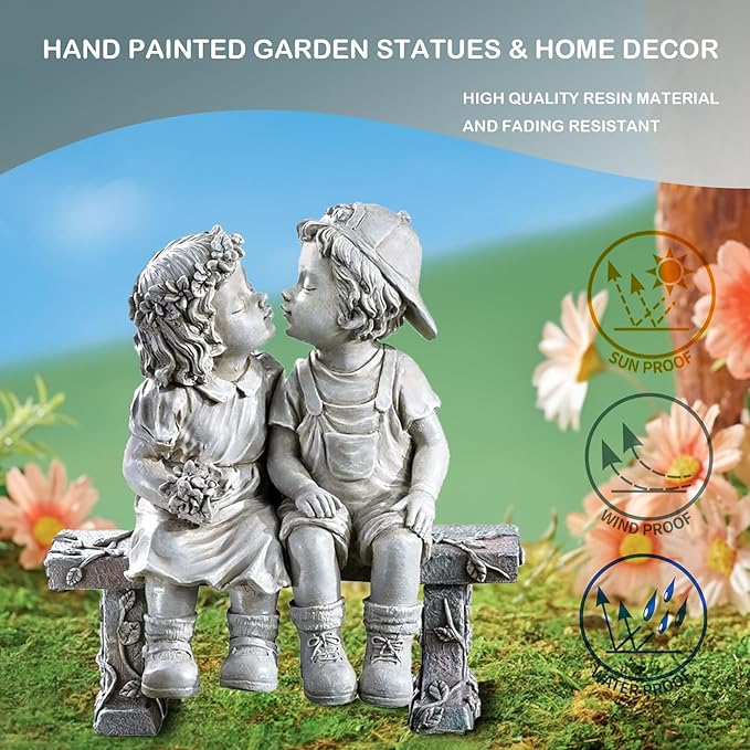 Elenon Boy and Girl Garden Statue Outdoor Decorative, Couple First Kiss Garden Sculpture for Yard Patio Art Flower Bed Decoration, 8 1/4" L x 4 3/4" W x 9" H-Ruum Studio Home