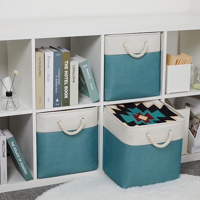 Bidtakay Fabric Baskets for Closets Shelves Lined Set of 3 Large Square Collapsible Storage Bins for Organizing 13 X 13 Cube Storage Bins for Pantry Organization Storage(Teal Blue)-Ruum Studio Home