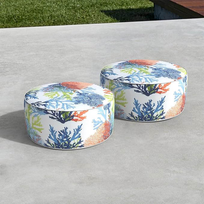 LVTXIII Outdoor Inflatable Ottoman, Patio Fade-Resistant Footrest Stool with Handle, Portable Round Ottoman Pouf for Patio Garden, Camping or Home Use, 21"x21"x9", Coral Multi-Ruum Studio Home