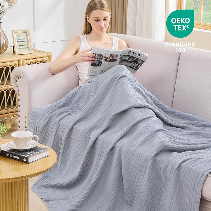 EMME Cotton Muslin Throw Blanket Couch Breathable Gauze Blanket Soft Lightweight Blankets Adults (Dusty Blue, 50"x60")-Ruum Studio Home