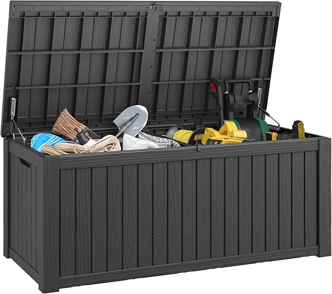 150 Gallon Resin Deck Box, Large Indoor and Outdoor Storage Box, Weatherproof and UV Resistant Outdoor Storage Box with Built-in Steel Beams for Patio, Cushions, Pool Supplies-Ruum Studio Home