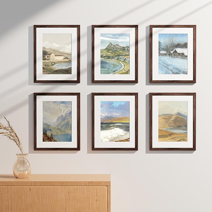 Vittanly 11x14 Picture Frames Set of 9, Shatter Resistant Plexiglass, Display 8x10 Pictures with Mat or 11x14 without Mat, Photo Frames for Wall or Tabletop, Engineered Wood, Walnut-Ruum Studio Home