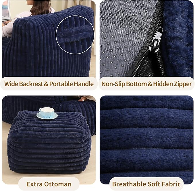 Comfy Gaint Bean Bag Chair with Ottoman, Fluffy Huge Bean Bag Armchair for Adults and Teens, Dark Blue-Ruum Studio Home