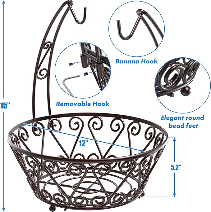 SimpleHouseware Fruit Basket Bowl with Banana Tree Hanger, Bronze-Ruum Studio Home