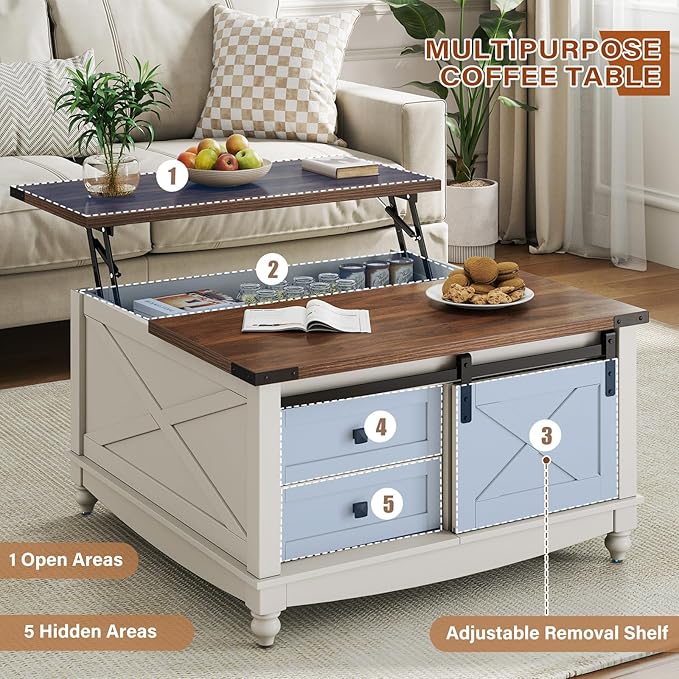 31.5" Lift Top Coffee Table with Storage, Farmhouse Coffee Tables for Living Room, Square Coffee Table with Large Hidden Storage Compartment, 2 Drawers & Removable Shelves, White-Ruum Studio Home