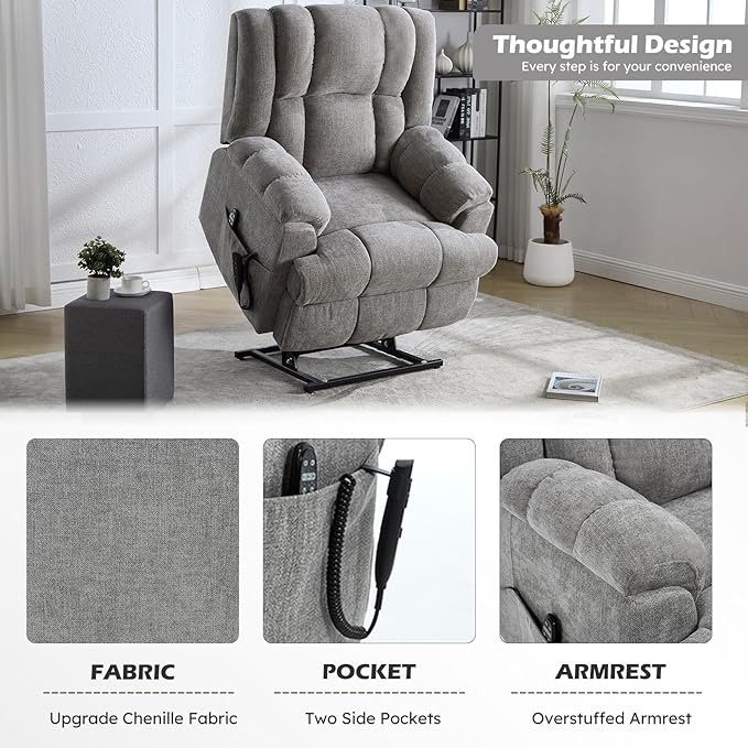 Dual Motor Power Lift Recliner Chair with Massage and Heat for Elderly People, Infinite Position, Light Grey Recliner Chair, Chenille Fabric Lift Chair-Ruum Studio Home