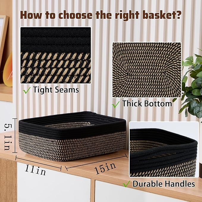 Large Shallow Organizing Baskets 15x11x5.1 Inches - Rope Woven Storage Bins for Bathroom, Shelves, Cube Closet, Black Woven Brown 2 Packs-Ruum Studio Home