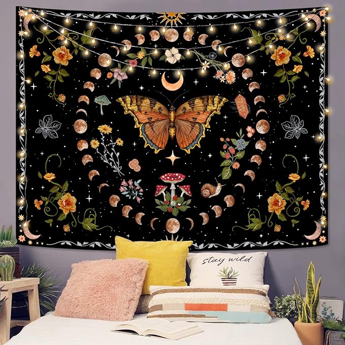 Aipon Orange Butterfly Moon Flower Tapestry Botanical Floral Plant Boho Tapestry for Bedroom Aesthetic Vintage Tapestries Wall Hanging for Living Room Dorm (60.00'' × 80.00'', Orange)-Ruum Studio Home