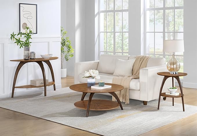 Martin Svensson Home LAX Two-Tone 20-Inch Caramel Brown Round Wood End Side Table with Walnut Legs and Shelf Storage-Ruum Studio Home