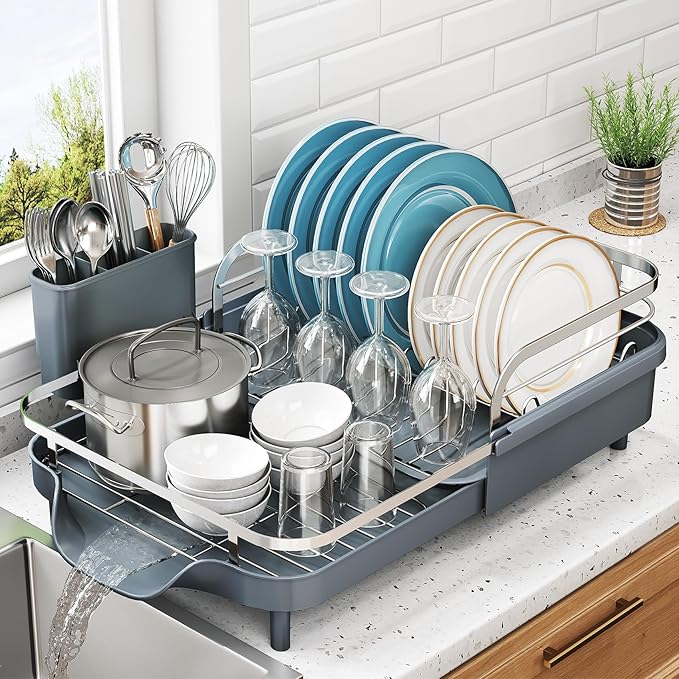 Dish Drying Rack, Expandable Dish Rack for Kitchen Counter, Stainless Steel Dish Drainer with Drainboard Set and Utensil Holder (Gray)-Ruum Studio Home