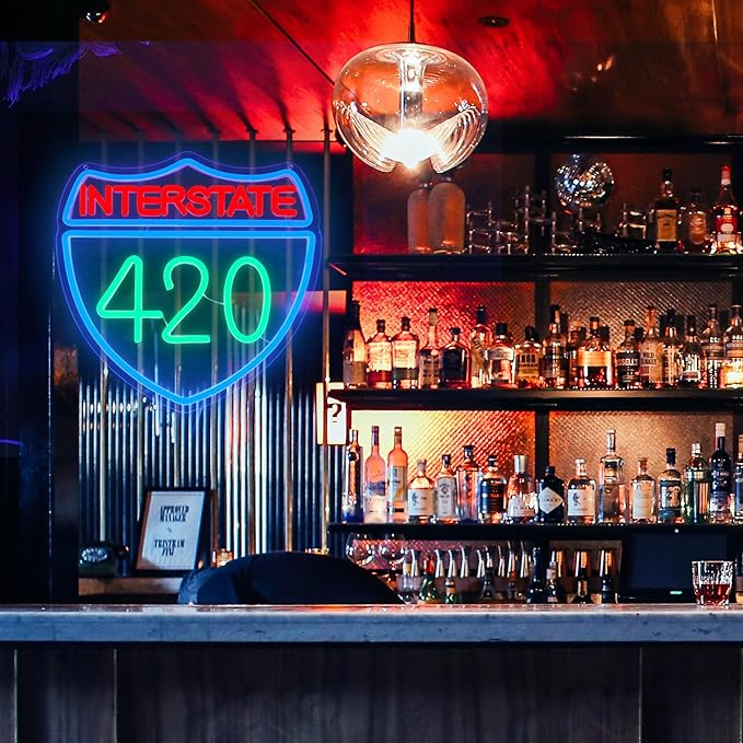 Interstate 420 Neon Sign Green Leaf Neon Signs for Wall Decor Dimmable 420 Theme Light Vintage Route Neon Light Sign for Game Room Man Cave Bar Decor Suitable Gift for Party Birthday（12.6 * 12.3inch）-Ruum Studio Home