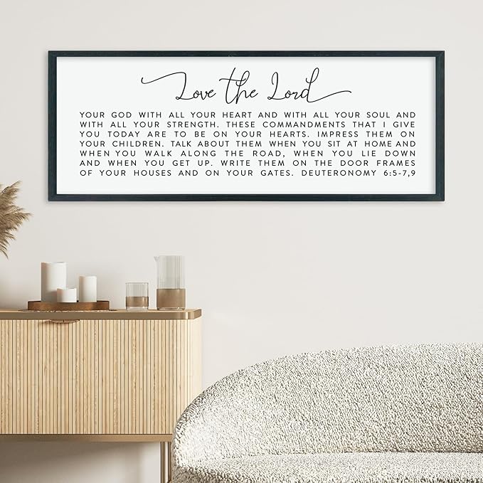 LuZhiQiang Love The Lord Your God With All Your Heart Wall Decor Art 40"×15" Deuteronomy 6:5-7, 9 Scripture Sign Bible Verse Large Wood Framed Wall Hanging (Black)-Ruum Studio Home
