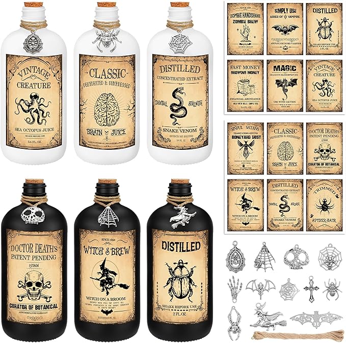 Uiifan 31 Pcs Halloween Potion Bottles Set Including Glass Apothecary Bottles with Cork Stickers and Pendants Halloween Decorations Indoor Party Supplies(White, Black,16 oz)-Ruum Studio Home
