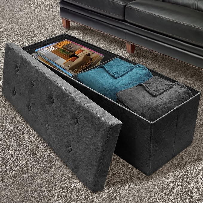 Sorbus Storage Ottoman Bench – for Living Room, Hallway, End of Bed, Bedroom Bench 43 in Large Folding Chest Seat Trunk w/Cover – Blankets, Coffee Table, Foot Rest– Tufted Velvet Linen Fabric (Black)-Ruum Studio Home