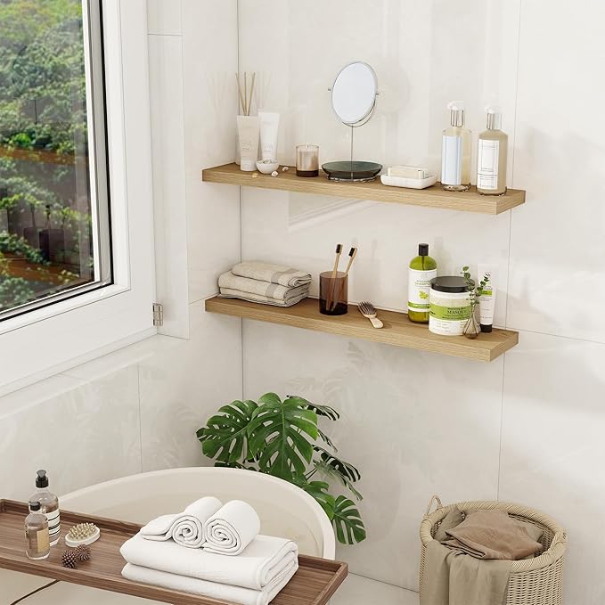 Fun Memories Floating Shelves for Wall, 32" Rustic Wood Deep Wall Mounted Shelves with Invisible Brackets for Decor & Storage, Floating Shelf for Living Room, Bathroom (Oak, Set of 2)-Ruum Studio Home
