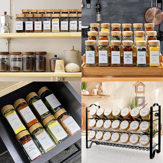 AISIPRIN Glass Spice Jars with 398 Labels, 24 pcs 4oz Spice Containers with Bamboo Lids, Square Spice Bottles With Shaker Lids,Spice Organization for Cabinet,Drawer,Rack,Seasoning Organizer-Ruum Studio Home